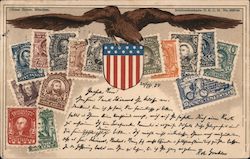 U.S. Postage Stamps with an eagle and stylized flag Postcard