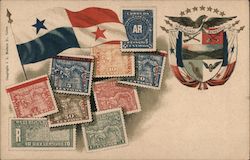 Republic of Panama, Columbia  Flag shield with Eagle and stars  Assorted stamps Postcard