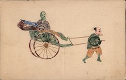 Chinese Man pulling passenger in cart all made from stamps. Postcard