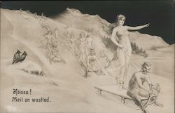 Hoissa! Meil on waslad. Scantily clad women sledding down hill with Satyrs as their guides Postcard