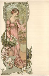 Young woman in a green house with flowers Art Nouveau Elisabeth Sonrel Postcard Postcard Postcard