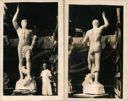 Lot of 2 cards: Front & Rear of Statue man with arm raised, and foot on a dragon Postcard