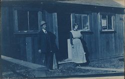 Man and Woman Standing Outside House Doorway Cyanotypes Postcard Postcard Postcard