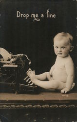 Drop me a line - Baby with Typewriter Postcard