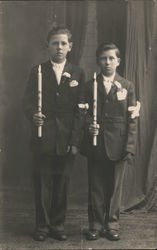 Two boys dressed for Holy Communion with Special 1st Communion Candles Postcard