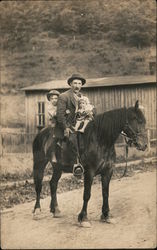 Man with two children riding a horse Family Portaits Postcard Postcard Postcard