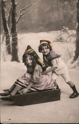 Studio photo of two child sledding Children Postcard Postcard Postcard