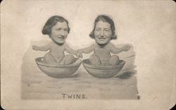 Heads Cutouts: Twins - real faces on drawings of babies sitting in bowls Postcard