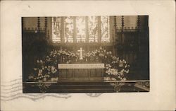 Chapel with table, cross, flowers, stained glass windows Buildings Postcard Postcard Postcard