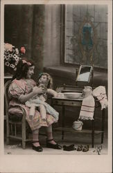 Colorized photo of girl bathing doll Dolls Postcard Postcard Postcard