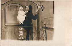 Studio Photo of man and child back of caboose. S.P. The Owl R.R. Trains, Railroad Postcard Postcard Postcard