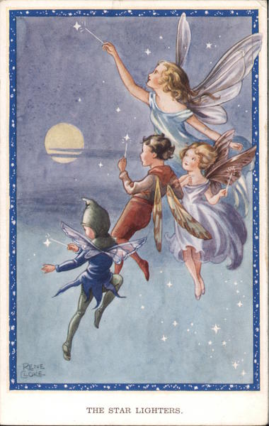 The Star Lighters - Winged children in moonlit sky 