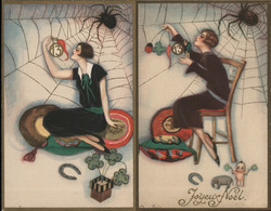 Woman seated near black spider's web, with horseshoe, four-leafed clovers, "13" medallion Postcard