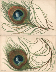 Set of 2: Woman's Face in Peacock Feather Art Nouveau Postcard Postcard Postcard