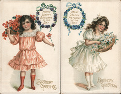 Lot of 2: Birthday Greetings - Girl with Flowers Postcard