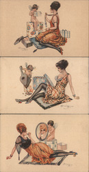 Set of 3: Women with Cupid, Glamour Art Deco Artist Signed M. Cherubini Postcard Postcard Postcard