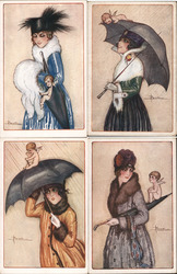 Set of 4: Women with Cupid, Art Deco Artist Signed Adolfo Busi Postcard Postcard Postcard