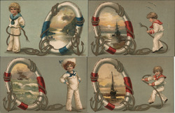 Set of 4: Sailor Boys, Rope, Life Preserver, Vignette Postcard