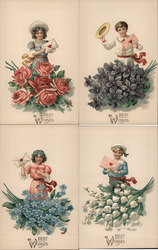 Set of 4: Children with Letters, Envelopes Flowers Postcard