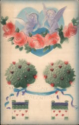 To my Valentine - two cupids, roses, small trees with hearts Postcard