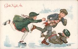 "Gott Nytt Ar" - Good New Year - Three children ice skating, one falling down Postcard Postcard Postcard