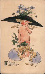 Easter Greetings - Small Child with a large Flowered Hat and Broken Egg Postcard