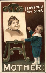 I love you, my dear Mother! (Child stands by easel with painting) Postcard