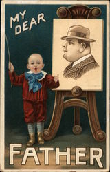 "My Dear Father" small child near an easel with a painting of a man Postcard