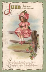 June Birthday Greetings - Girl Sitting on a Fence Postcard