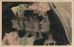 Five Ladies' faces in profile, each wearing a hat Postcard