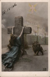 Woman clings to a stone cross; lion is in the background Lions Postcard Postcard Postcard