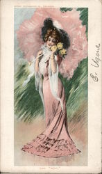 Lady dressed in pink, with pink parasol and yellow roses Women Postcard Postcard Postcard