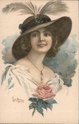 Woman in fancy hat with rose Artist Signed Jan Marco Postcard Postcard Postcard