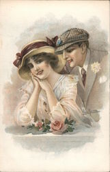 Young couple, both wearing hats, with a rose Artist Signed Jan Marco Postcard Postcard Postcard