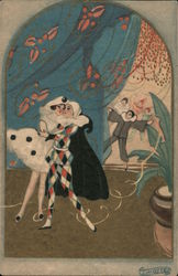 Dancers in costume embrace in front of a curtain Postcard