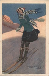 Lady skiing, wearing skirt Postcard