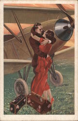 Man and woman embracing, next to an airplane; suitcases on the ground Artist Signed T. Corbella Postcard Postcard Postcard