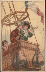 Man and woman, and child in a hot air balloon among the clouds Artist Signed Postcard Postcard Postcard