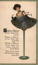 Here's a Health - Woman in Champagne Glass Artist Signed Postcard Postcard Postcard