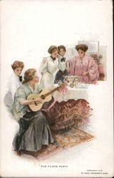 The Fudge Party - Women in Fine Clothing Gather Around Table as One Strums Guitar Postcard