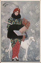 Art Deco: Fashionable Woman with Thin White Dog Artist Signed Mitzi Marbach Postcard Postcard Postcard