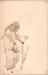 Girl in White Dress Picking Flowers Art Nouveau Postcard Postcard Postcard