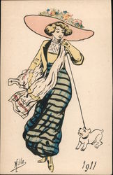 Mille - 1911 - Lady in large flowered hat walks a dog on a leash Postcard