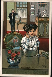 Woman at Desk and Man by Side Table, talking on telephones Postcard Postcard Postcard