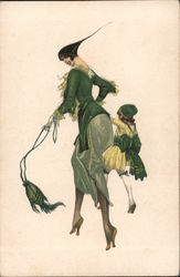 Italian: Art Deco Woman and Girl in Green Postcard