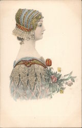 Woman in lace-edged hat and fancy dress, holding flowers Postcard