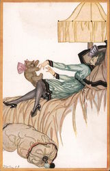 Art Deco: Woman reclining on a bed with Teddy Bear Postcard