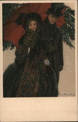 Man and Woman under a red umbrella in the snow Artist Signed Anna Whelan Betts Postcard Postcard Postcard