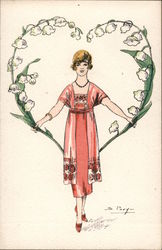 Lady in Pink dress, with heart made of white Flower stems Postcard