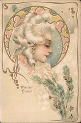 Winter / Hiver - Woman with white hair, near evergreen branches Women Postcard Postcard Postcard